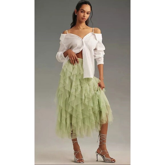 Anthropologie Midi Skirt Green Cheri Ruffle Tulle Elastic Waist Preppy Small NWT